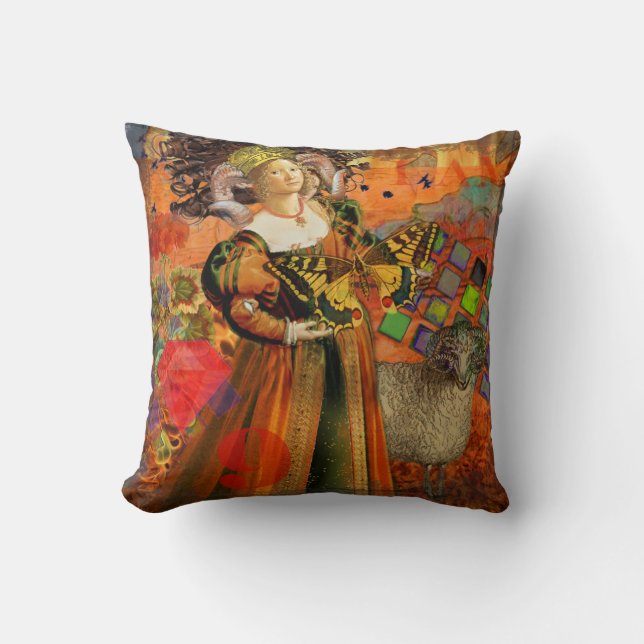 Aries Orange Woman: Gothic Ram Antique Art Collage Cushion (Front)