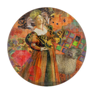 Aries Orange Woman: Gothic Ram Antique Art Collage Cutting Board
