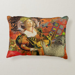 Aries Orange Woman: Gothic Ram Antique Art Collage Decorative Cushion