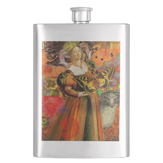 Aries Orange Woman: Gothic Ram Antique Art Collage Hip Flask (Front)