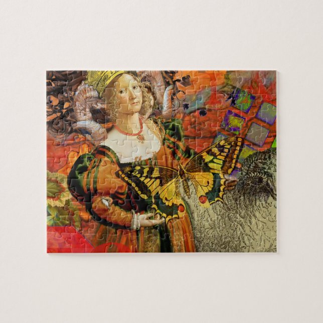 Aries Orange Woman: Gothic Ram Antique Art Collage Jigsaw Puzzle (Horizontal)