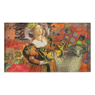 Aries Orange Woman: Gothic Ram Antique Art Collage Name Tag