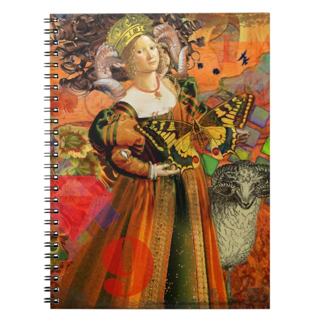 Aries Orange Woman: Gothic Ram Antique Art Collage Notebook (Front)