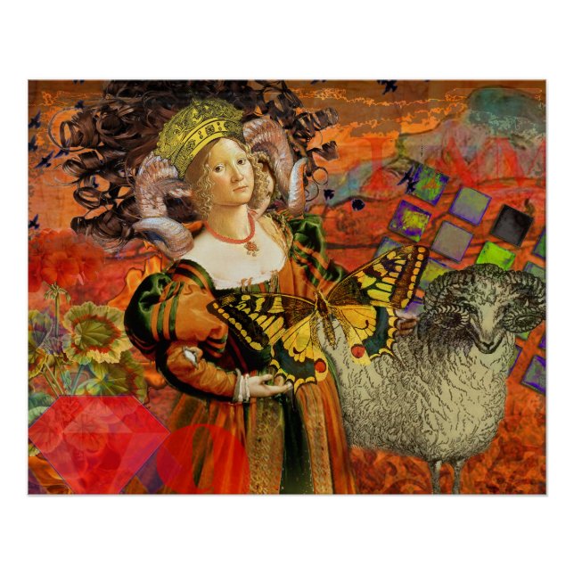 Aries Orange Woman: Gothic Ram Antique Art Collage Poster (Front)
