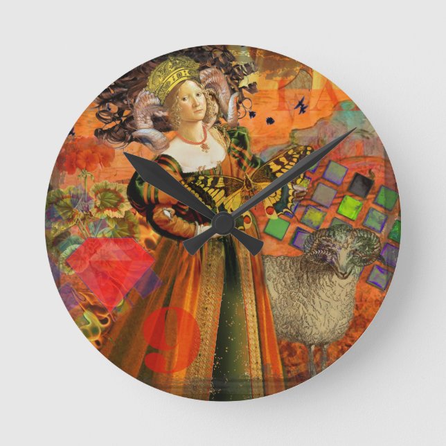 Aries Orange Woman: Gothic Ram Antique Art Collage Round Clock (Front)