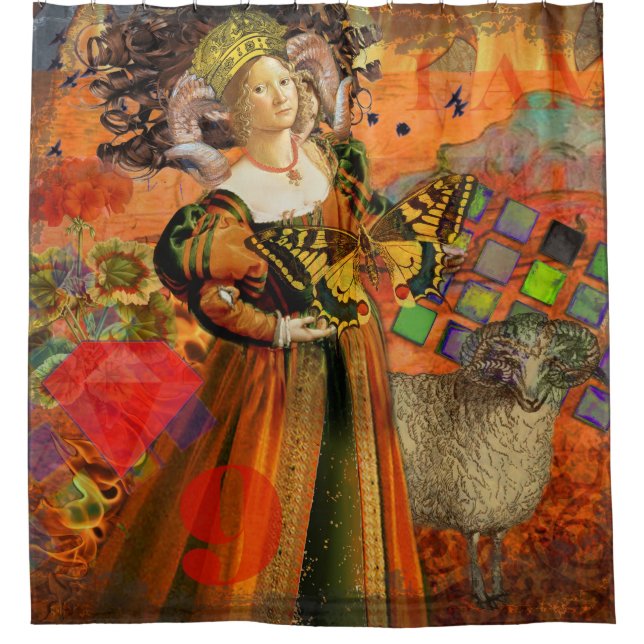 Aries Orange Woman: Gothic Ram Antique Art Collage Shower Curtain (Front)