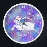 Aries Ram Constellation Stars Custom Name Birthday Clock<br><div class="desc">This fun wall clock makes the perfect gift for anyone born under the zodiac sign Aries. It includes a vintage ram, plus the constellation and space for the birthday person's name, all in white on a purple-pink starry background. Just use the easy template to add your personalised name. DESIGN TIP:...</div>