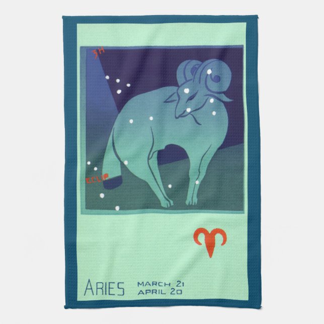 Aries Ram Constellation, Vintage Zodiac Astrology Tea Towel (Vertical)