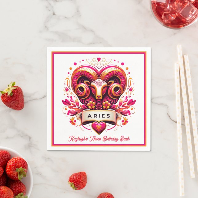 Aries Ram Pink and Orange Zodiac Birthday Napkin (Insitu)