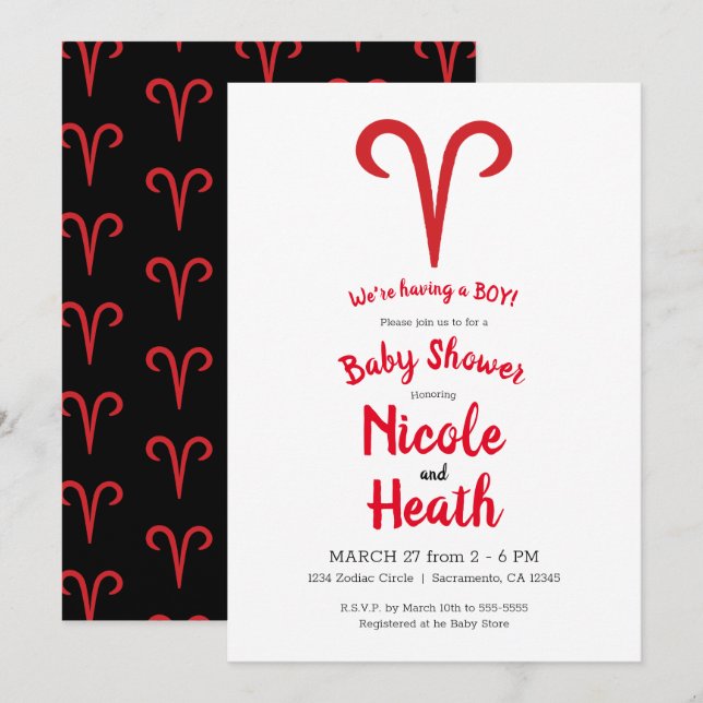 ARIES Ram Red Astrology Zodiac Spring Baby Shower  Invitation (Front/Back)