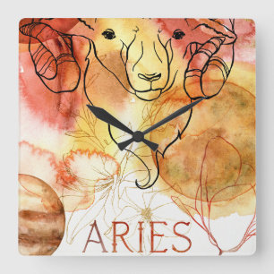 Aries ram zodiac astrology birthday gold red square wall clock