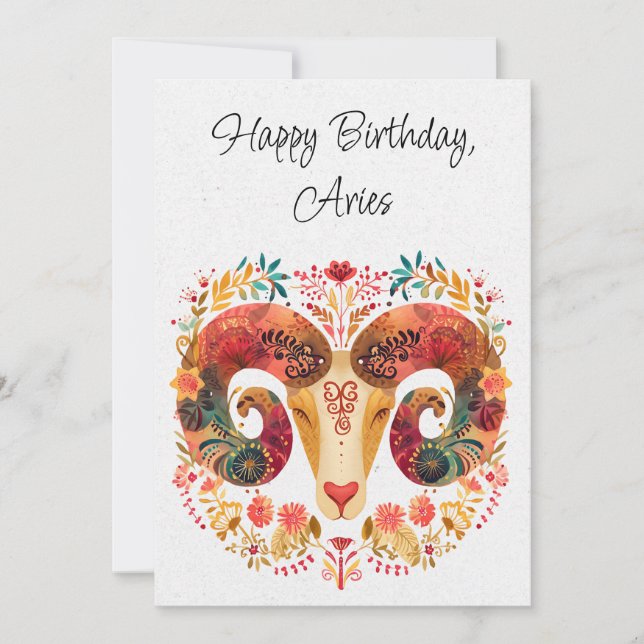 Aries Ram Zodiac Boho Floral Birthday Flat Card (Front)