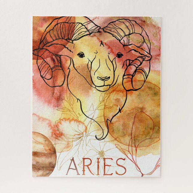 Aries Ram zodiac red gold planets flowers Jigsaw Puzzle (Vertical)