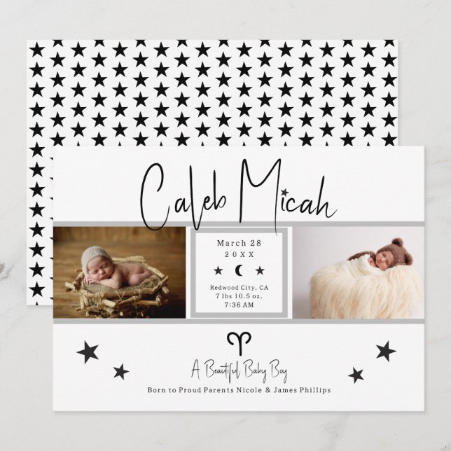 Aries Stars Photo Baby Birth Announcement (Front/Back)