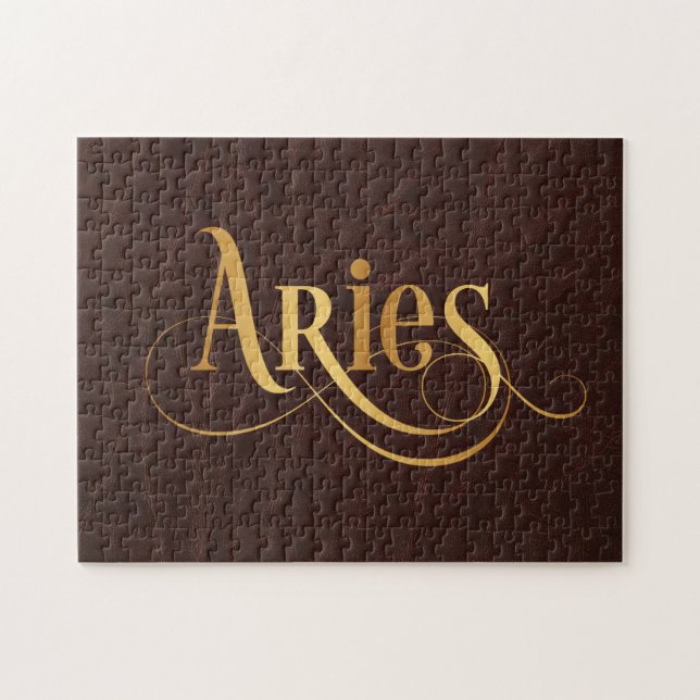 Aries Swirly Script Gold on Leather Jigsaw Puzzle (Horizontal)