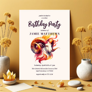 Aries Watercolor Ram Zodiac Themed Birthday Party Invitation