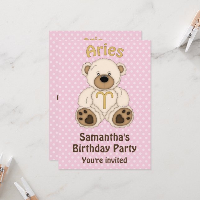 Aries White Bear on Pink Birthday Party Invitation (Front/Back In Situ)