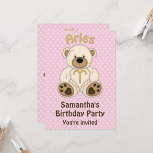 Aries White Bear on Pink Birthday Party Invitation