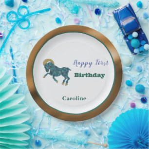 Aries Zodiac 1st Birthday Gold & Green Artistic Paper Plate