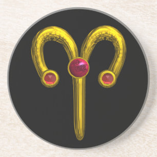 ARIES ZODIAC BIRTHDAY JEWEL RED RUBY,Gold ,Black Coaster