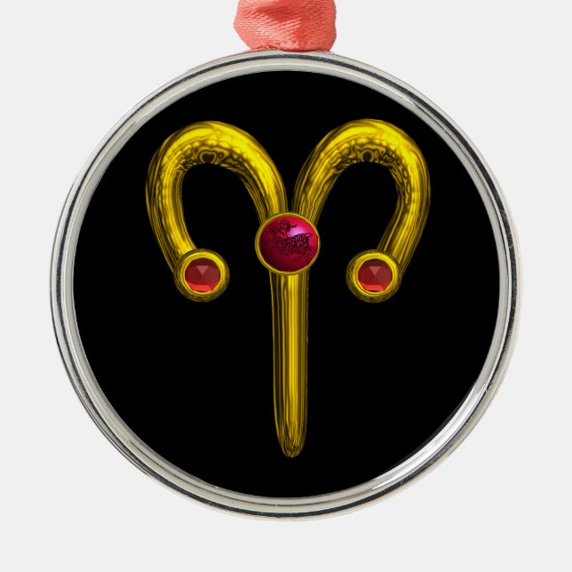 ARIES ZODIAC BIRTHDAY JEWEL Red Ruby Gold Metal Tree Decoration (Front)