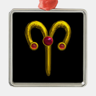 ARIES ZODIAC BIRTHDAY JEWEL Red Ruby Gold Metal Tree Decoration