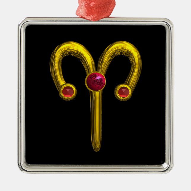 ARIES ZODIAC BIRTHDAY JEWEL Red Ruby Gold Metal Tree Decoration (Front)