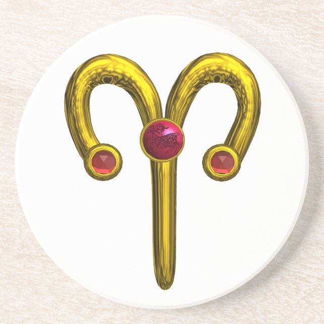ARIES ZODIAC BIRTHDAY JEWEL RED RUBY,Gold ,white Coaster (Front)
