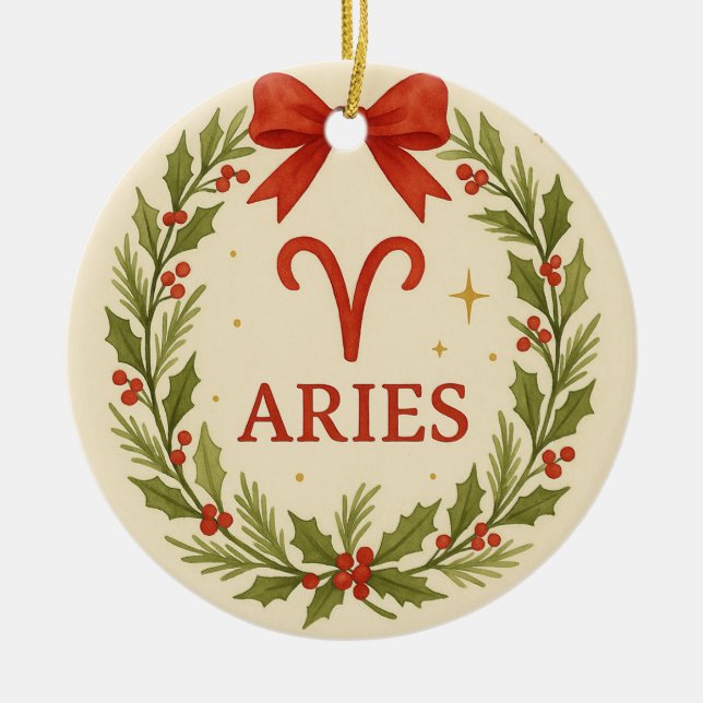 Aries Zodiac Christmas Ornament – Festive Holly Wr (Front)
