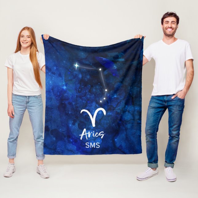 Aries Zodiac Constellation Blue Galaxy Monogram Fleece Blanket (In Situ)