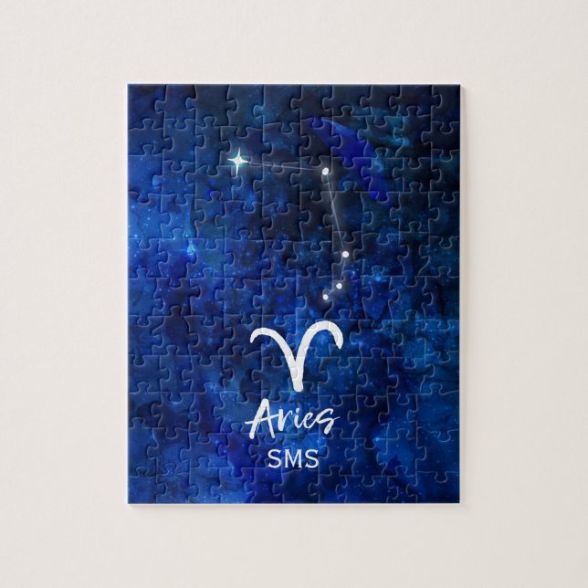 Aries Zodiac Constellation Blue Galaxy Monogram Jigsaw Puzzle (Vertical)