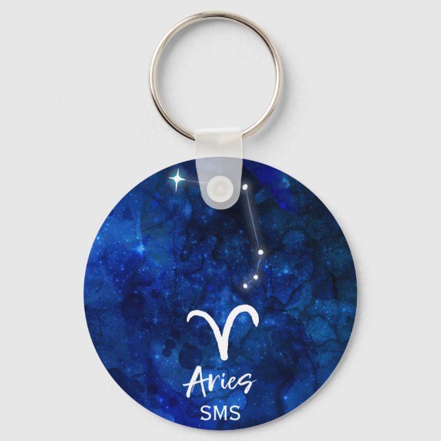 Aries Zodiac Constellation Blue Galaxy Monogram Key Ring (Front)