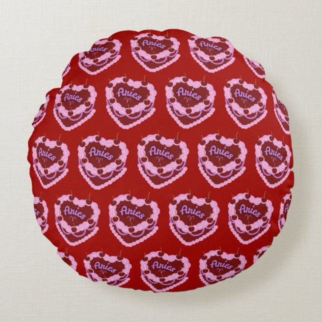 Aries Zodiac Coquette Heart Birthday Cake Round Cushion (Front)