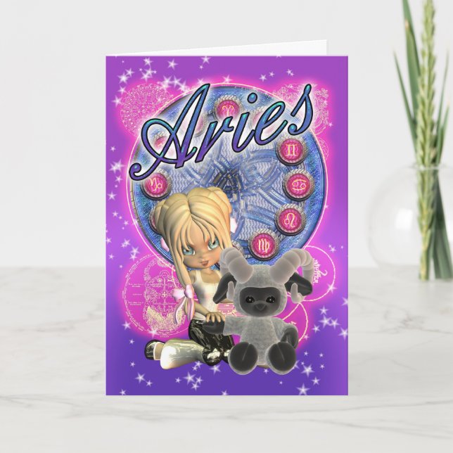 Aries Zodiac Cute Card With Female And Ram (Front)