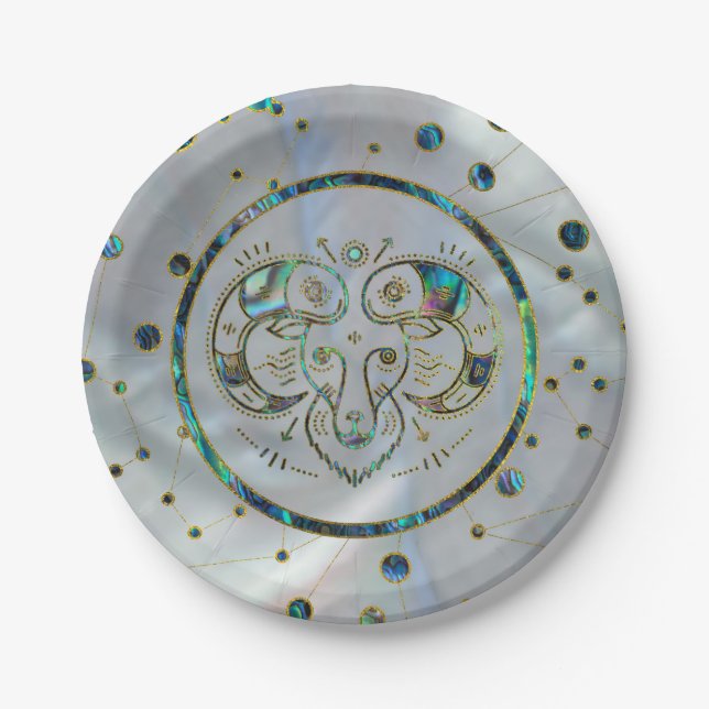 Aries Zodiac Gold Abalone on Constellation Paper Plate (Front)