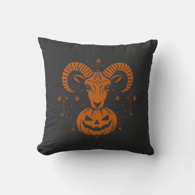 Aries Zodiac Ram with Halloween Pumpkin Spooky Cushion (Front)