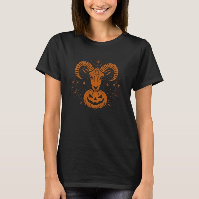 Aries Zodiac Ram with Halloween Pumpkin Spooky T-Shirt (Front)