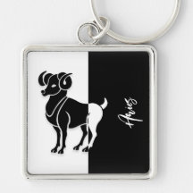 Aries Zodiac Sign, Black & White Keychain