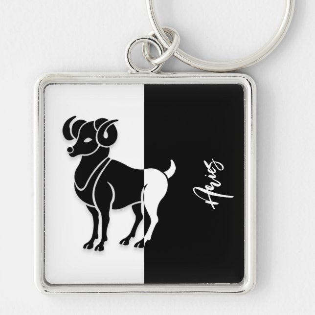 Aries Zodiac Sign, Black & White Keychain (Front)