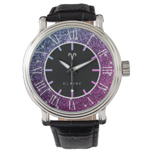 Aries Zodiac Sign Luxury Pink Purple Glitter Stars Watch