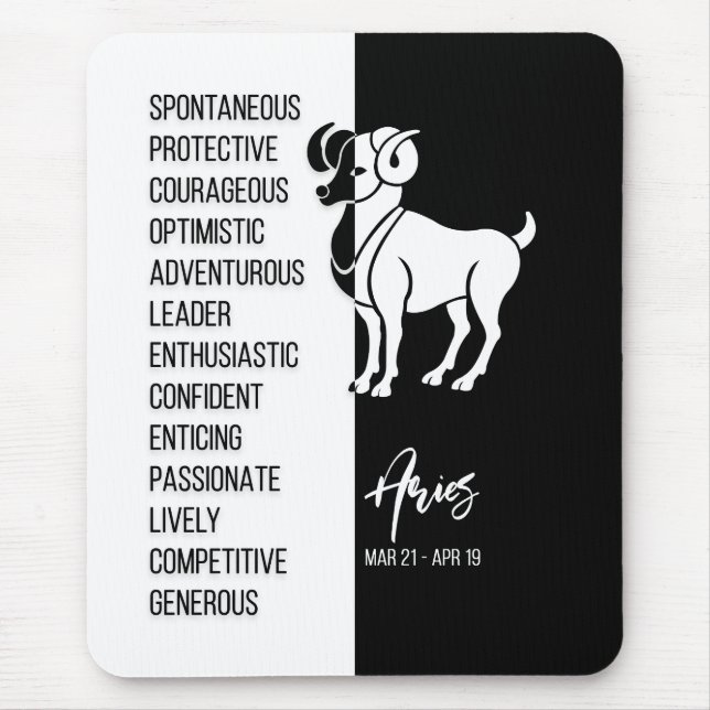 Aries Zodiac Sign Mousepad, Black & White Mouse Mat (Front)