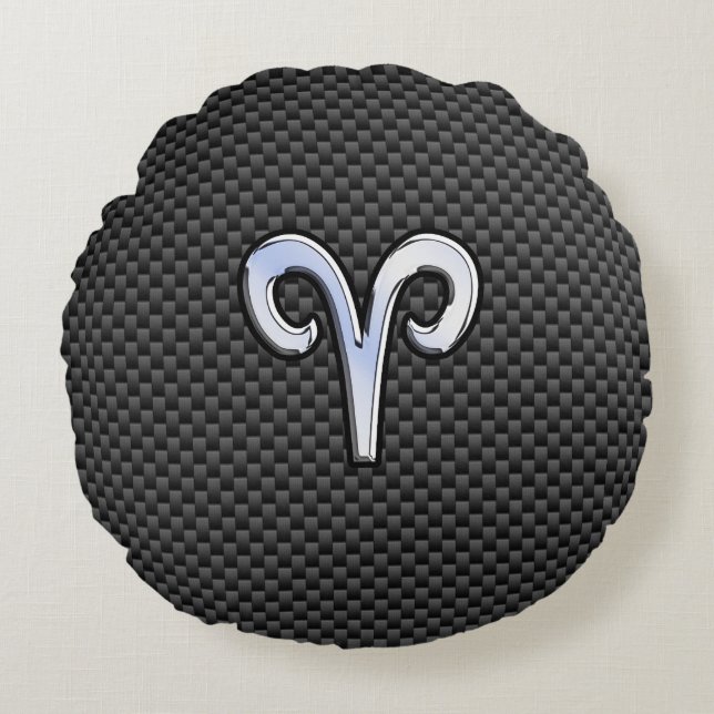 Aries Zodiac Sign on Carbon Fiber Style Round Cushion (Front)