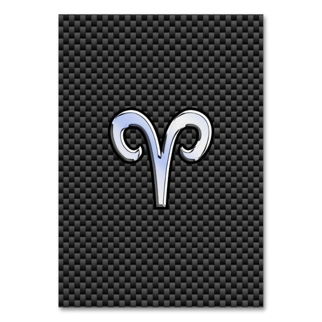 Aries Zodiac Sign on Charcoal Carbon Fibre Print Table Number (Front)