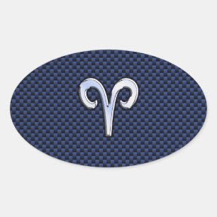 Aries Zodiac Sign on Navy Blue Carbon Fibre Print Oval Sticker