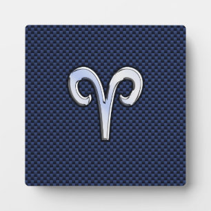 Aries Zodiac Sign on Navy Blue Carbon Fibre Print Plaque