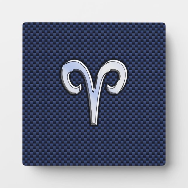 Aries Zodiac Sign on Navy Blue Carbon Fibre Print Plaque (Front)