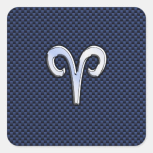 Aries Zodiac Sign on Navy Blue Carbon Fibre Print Square Sticker