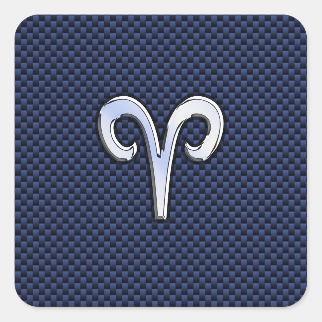 Aries Zodiac Sign on Navy Blue Carbon Fibre Print Square Sticker (Front)