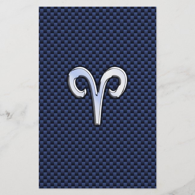 Aries Zodiac Sign on Navy Blue Carbon Fibre Print Stationery (Front)