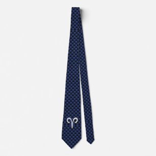 Aries Zodiac Sign on Navy Blue Carbon Fibre Print Tie